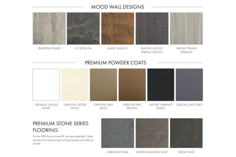 Mood Wall แพทเทิร์นบนตกแต่งภายในของ Platform Home Lift ทั้ง 5 สี พร้อมตัวเลือกสีลิฟท์ Premium Powder Coats เฉพาะของ Cibes Premium 6 แบบ และชุดพื้นลิฟท์ลายหินแบบพรีเมี่ยม อีก 3 แบบ